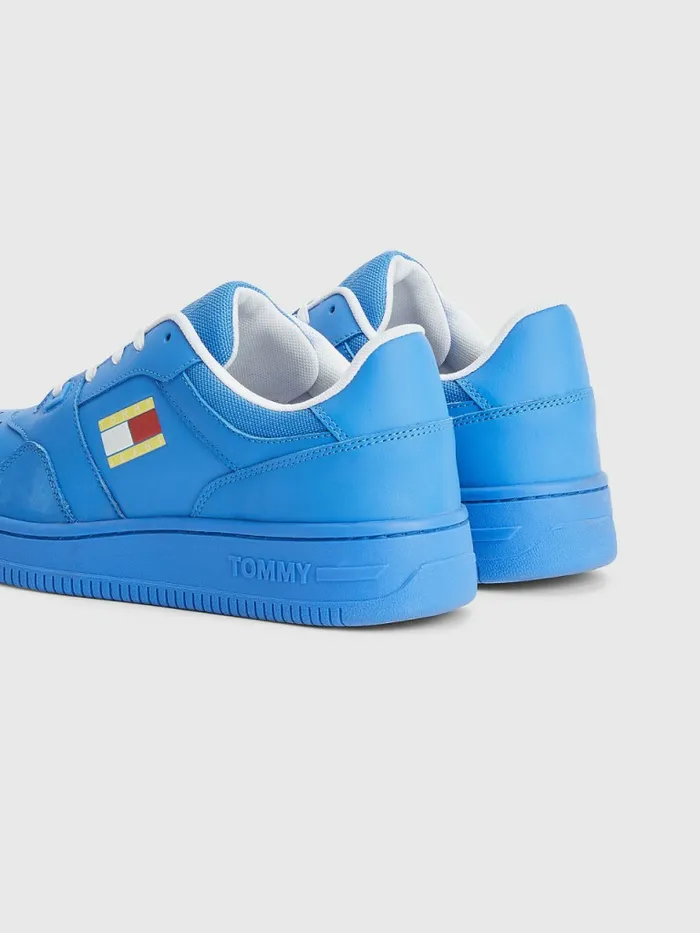 Tommy Hilfiger Exclusive Pop Drop Leather Basket Trainers Electric Aqua Womens Flat Shoes Sale