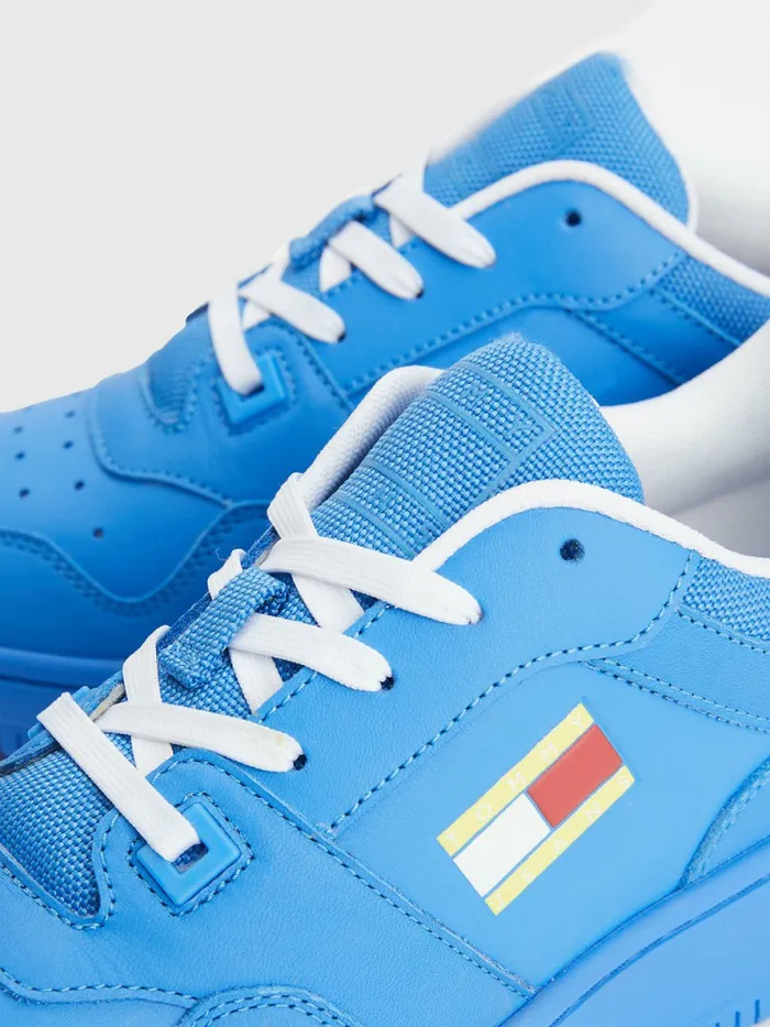 Tommy Hilfiger Exclusive Pop Drop Leather Basket Trainers Electric Aqua Womens Flat Shoes Sale
