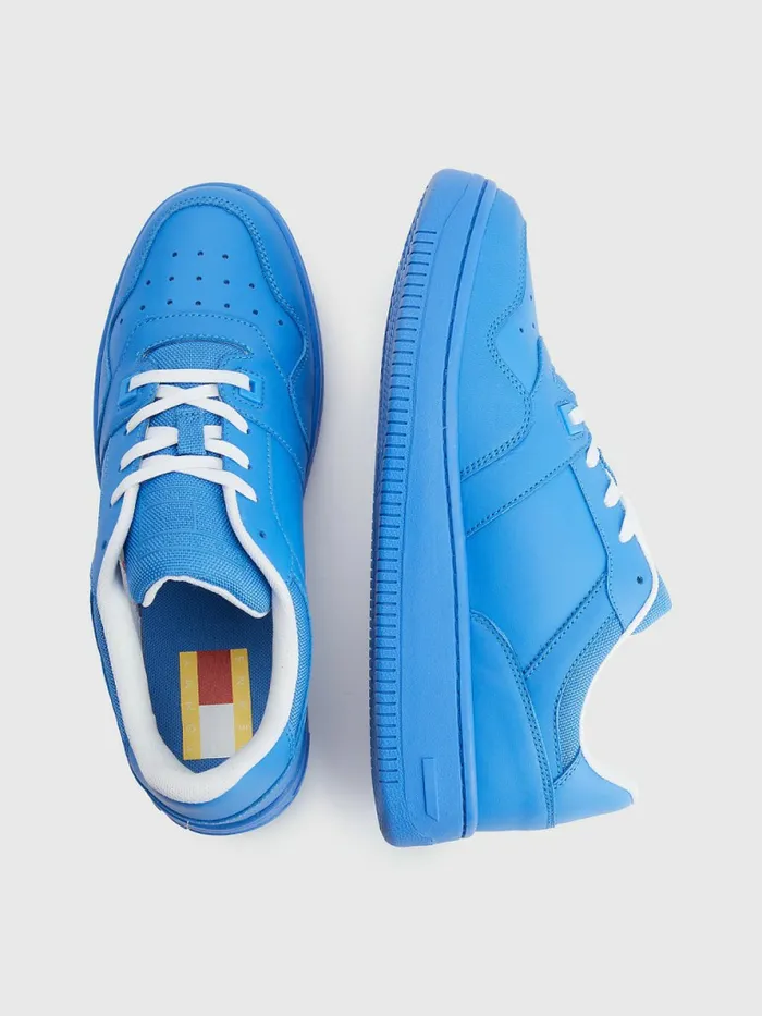 Tommy Hilfiger Exclusive Pop Drop Leather Basket Trainers Electric Aqua Womens Flat Shoes Sale