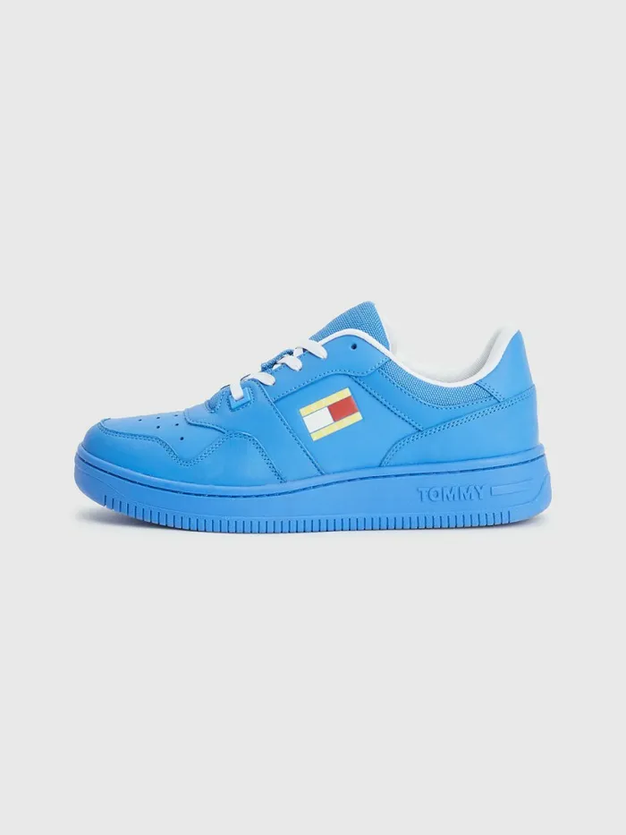 Tommy Hilfiger Exclusive Pop Drop Leather Basket Trainers Electric Aqua Womens Flat Shoes Sale