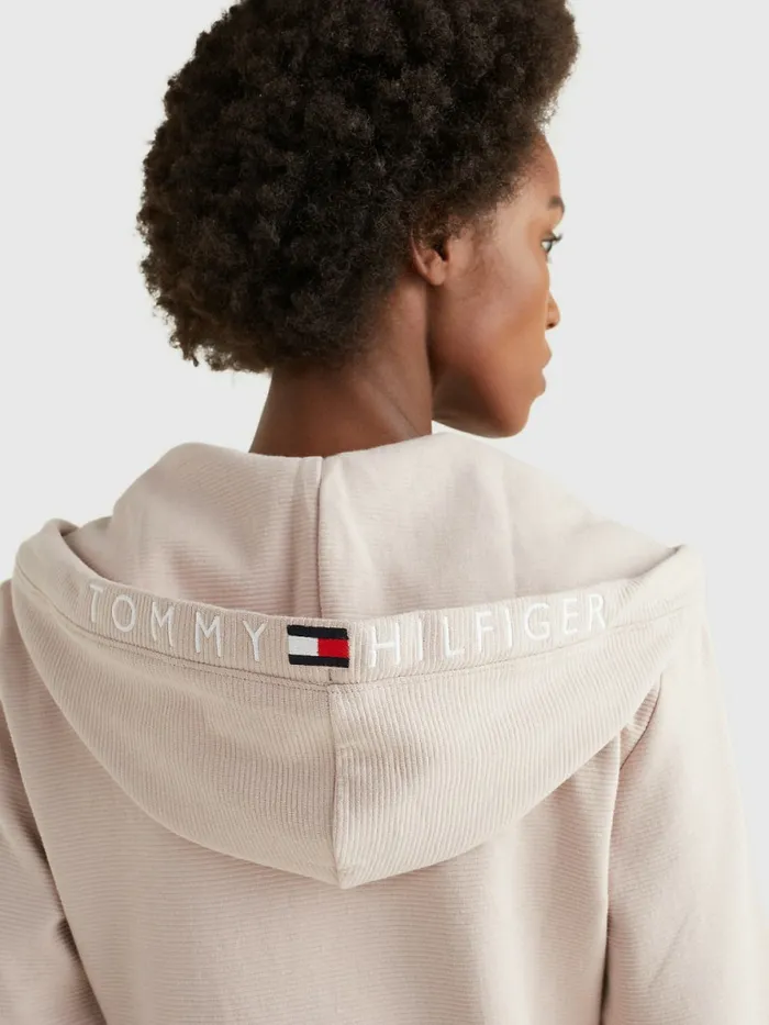 Tommy Hilfiger Exclusive Rib Knit ZipThrough Hoody Balanced Beige Womens Sweatshirts and Hoodies Popular