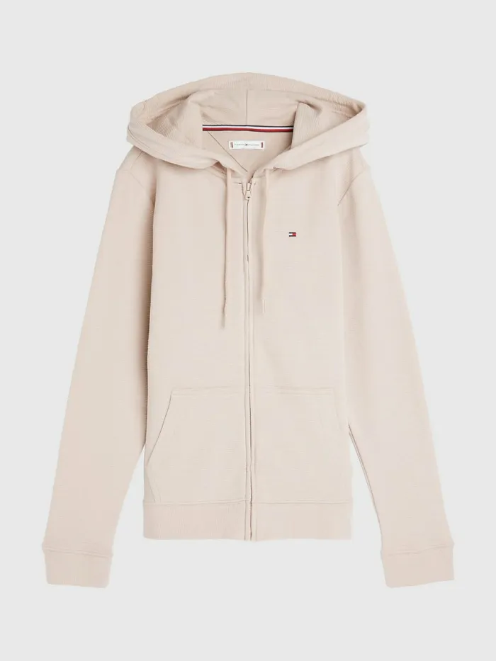 Tommy Hilfiger Exclusive Rib Knit ZipThrough Hoody Balanced Beige Womens Sweatshirts and Hoodies Popular