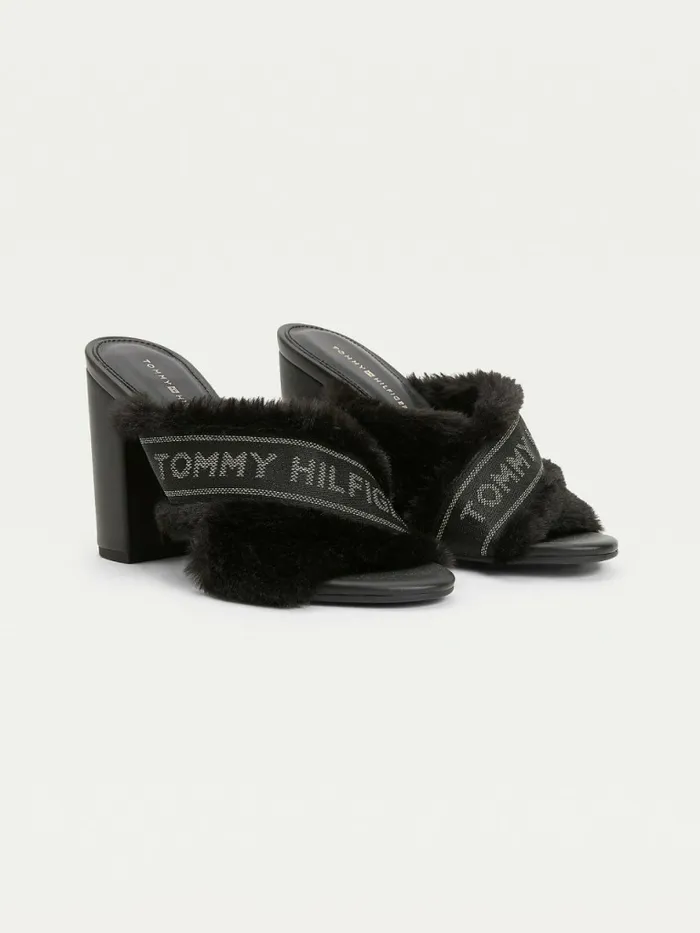 Tommy Hilfiger Faux Fur Logo Tape Sandals Black Womens Sandals Gift 4 You