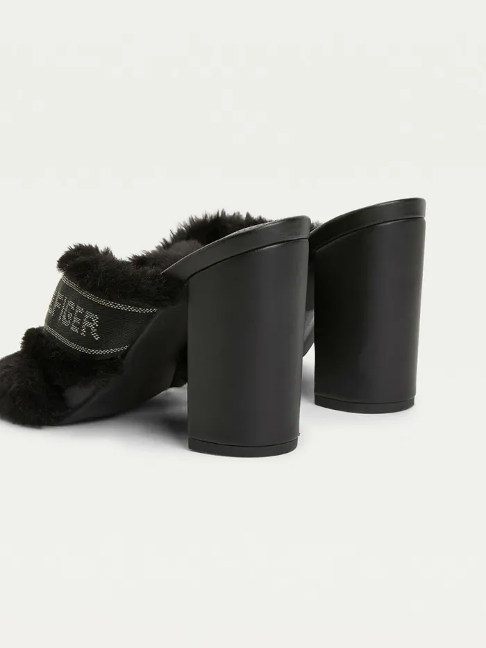Tommy Hilfiger Faux Fur Logo Tape Sandals Black Womens Sandals Gift 4 You