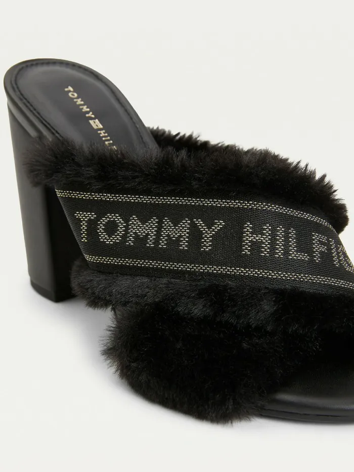 Tommy Hilfiger Faux Fur Logo Tape Sandals Black Womens Sandals Gift 4 You
