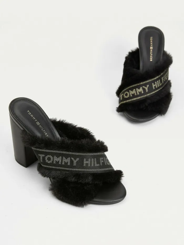 Tommy Hilfiger Faux Fur Logo Tape Sandals Black Womens Sandals Gift 4 You