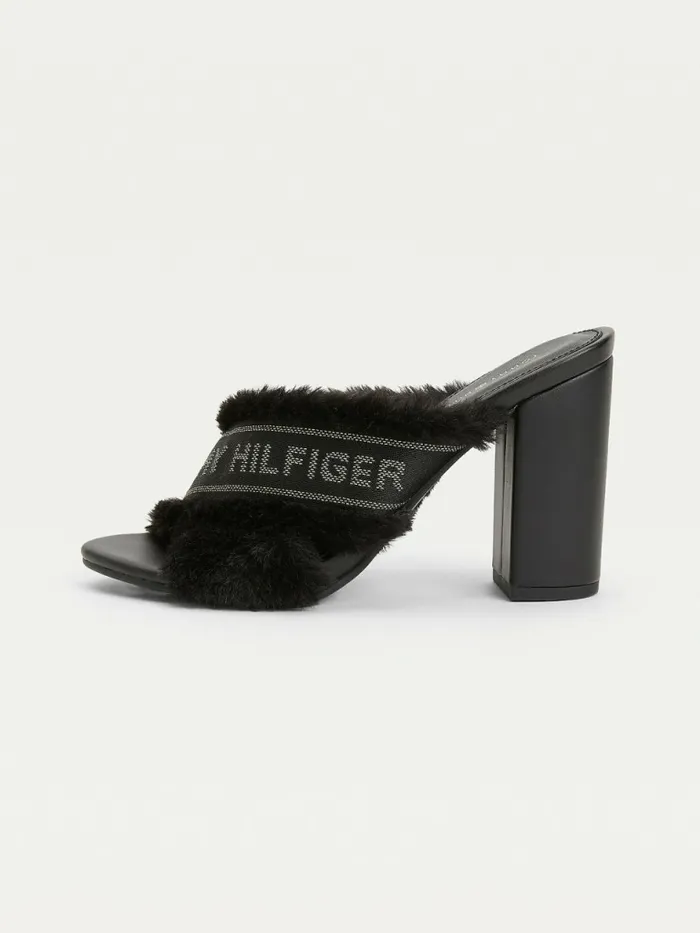Tommy Hilfiger Faux Fur Logo Tape Sandals Black Womens Sandals Gift 4 You