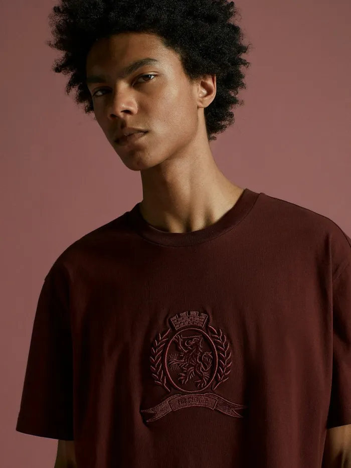 Tommy Hilfiger Festive Tonal Crest TShirt Classic Mahogany Mens TShirts Gift for Friend