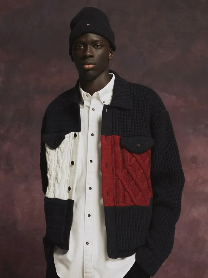 Tommy Hilfiger Flag Icon Knitted Trucker Jacket Desert Sky Mens Knitwear Popular Tommy Hilfiger Flag Icon Knitted Trucker Jacket Desert Sky Mens Knitwear Popular