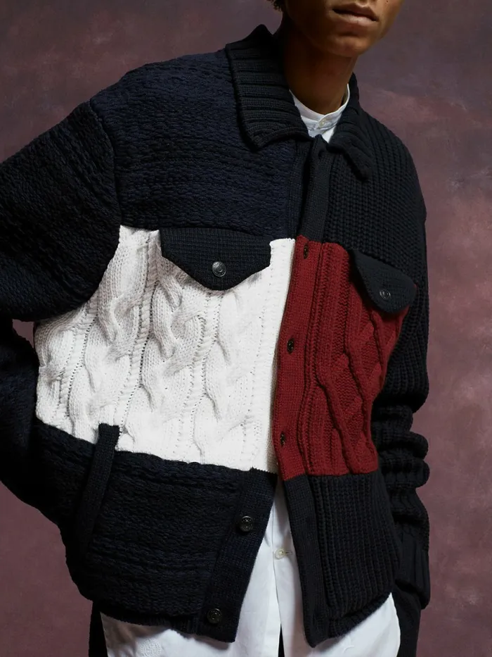 Tommy Hilfiger Flag Icon Knitted Trucker Jacket Desert Sky Mens Knitwear Popular
