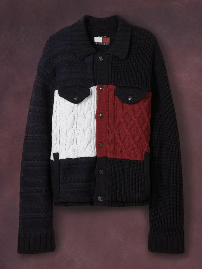 Tommy Hilfiger Flag Icon Knitted Trucker Jacket Desert Sky Mens Knitwear Popular