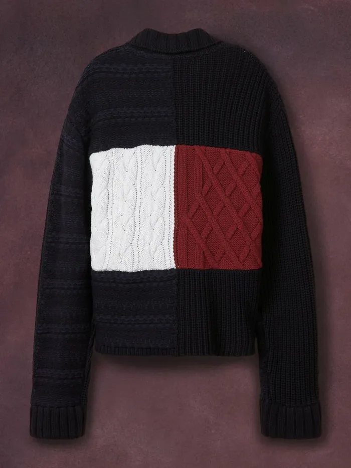 Tommy Hilfiger Flag Icon Knitted Trucker Jacket Desert Sky Mens Knitwear Popular
