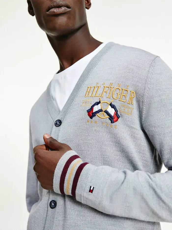 Tommy Hilfiger Flag Logo Merino Wool Cardigan Medium Grey Heather Mens Knitwear For Sale