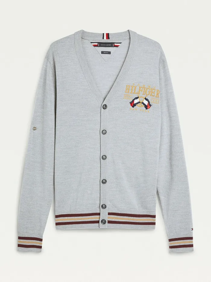 Tommy Hilfiger Flag Logo Merino Wool Cardigan Medium Grey Heather Mens Knitwear For Sale