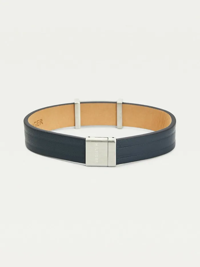 Tommy Hilfiger Flag Plaque Grey Leather Bracelet Gray Leather Mens Jewellery and Cufflinks