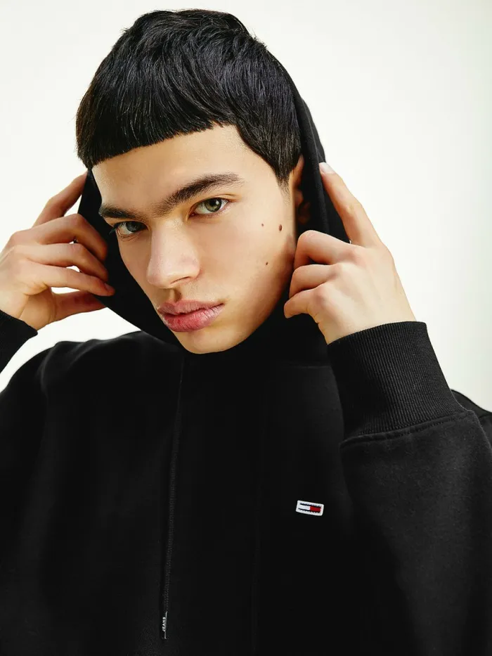 Tommy Hilfiger Fleece Flag Patch Hoody Black Mens Sweatshirts and Hoodies Gift for Friend