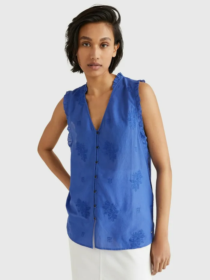 Tommy Hilfiger Floral Embroidery Regular Fit Sleeveless Blouse Verona Blue Womens Shirts and Blouses For Sale Tommy Hilfiger Floral Embroidery Regular Fit Sleeveless Blouse Verona Blue Womens Shirts and Blouses For Sale