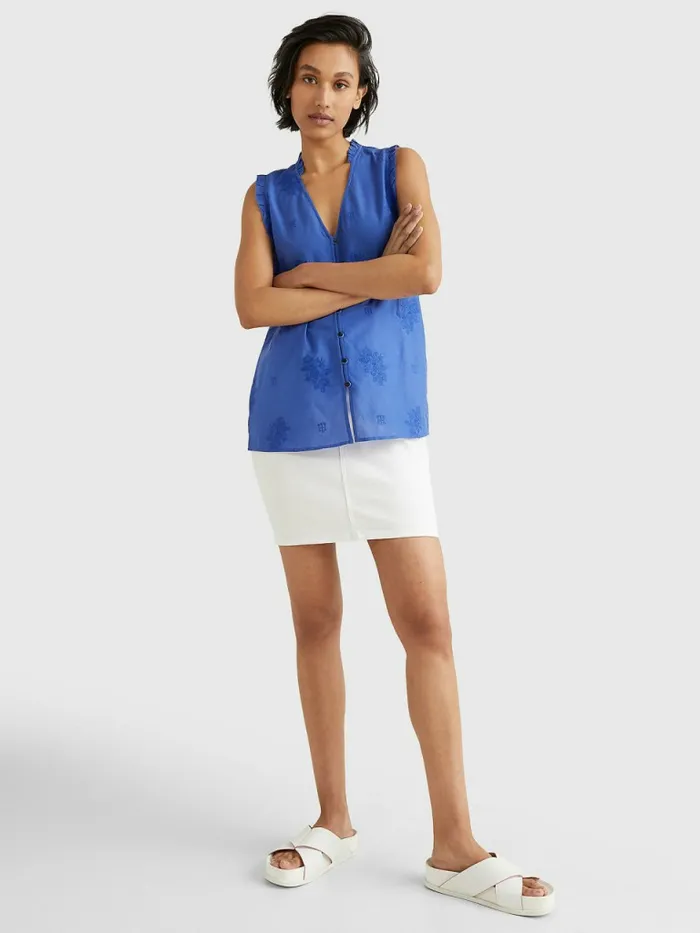 Tommy Hilfiger Floral Embroidery Regular Fit Sleeveless Blouse Verona Blue Womens Shirts and Blouses For Sale