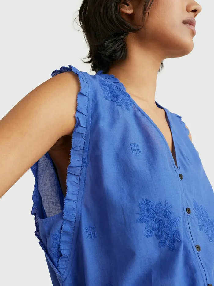 Tommy Hilfiger Floral Embroidery Regular Fit Sleeveless Blouse Verona Blue Womens Shirts and Blouses For Sale