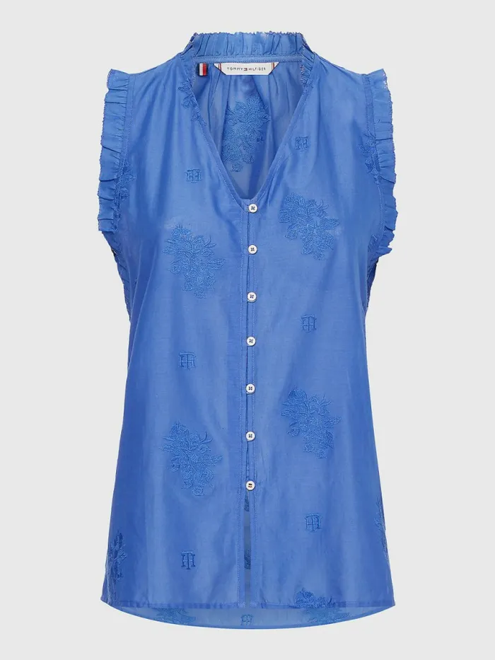 Tommy Hilfiger Floral Embroidery Regular Fit Sleeveless Blouse Verona Blue Womens Shirts and Blouses For Sale