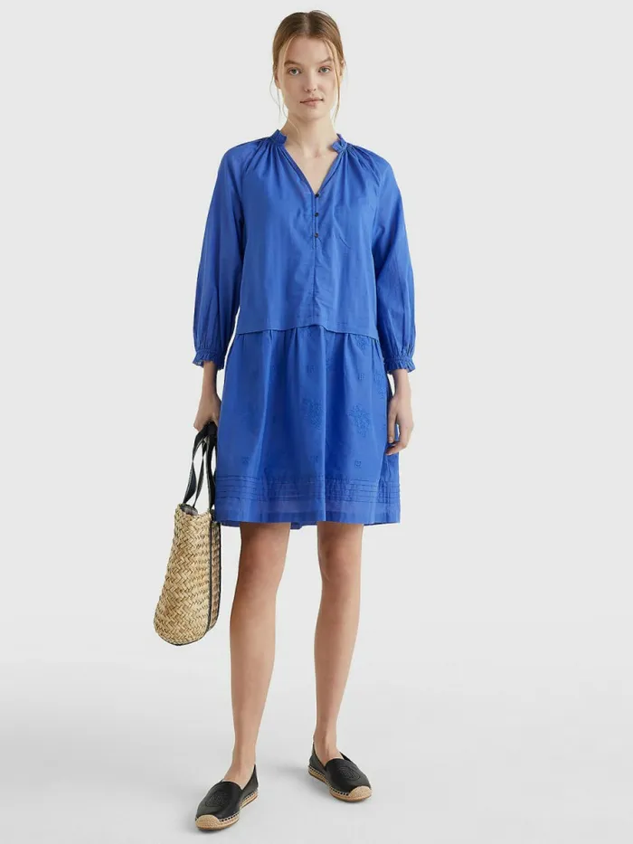 Tommy Hilfiger Floral Monogram Embroidery Relaxed Fit Dress Verona Blue Womens Dresses and Jumpsuits Fashion
