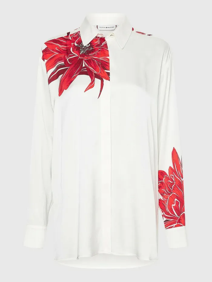 Tommy Hilfiger Floral Satin Relaxed Fit Blouse Island FlowerEcru Base Womens Shirts and Blouses Online