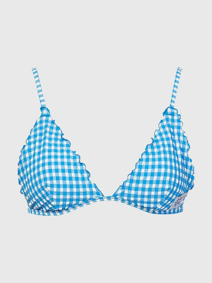 Tommy Hilfiger Gingham Frilled Triangle Padded Bikini Top Island Blue And White Gingham Womens Swimwear Cheap On Sale