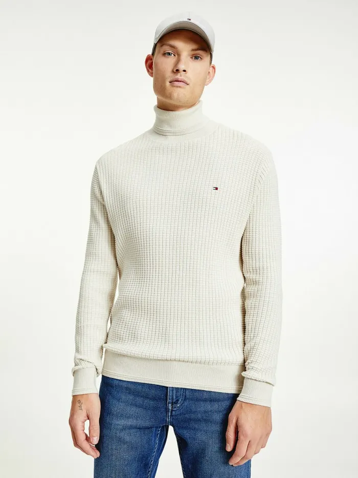 Tommy Hilfiger Grid Check Roll Neck Jumper Alabaster Mens Knitwear Casaul