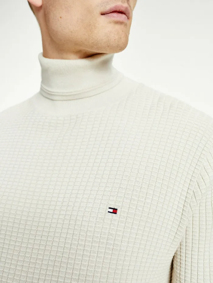 Tommy Hilfiger Grid Check Roll Neck Jumper Alabaster Mens Knitwear Casaul