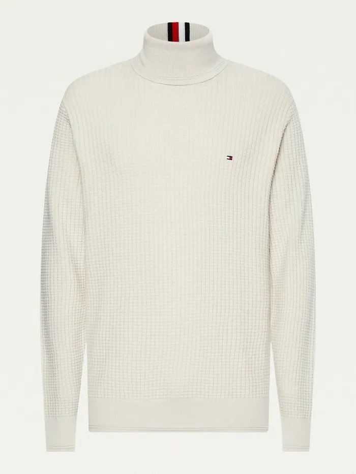 Tommy Hilfiger Grid Check Roll Neck Jumper Alabaster Mens Knitwear Casaul