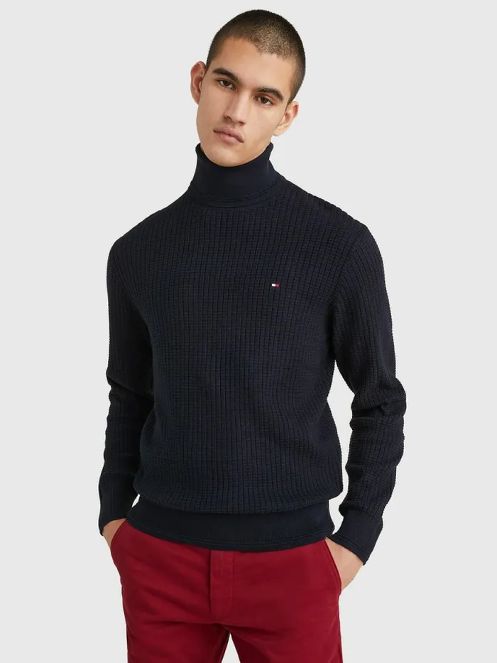 Tommy Hilfiger Grid Check Roll Neck Jumper Desert Sky Mens Knitwear Fashion