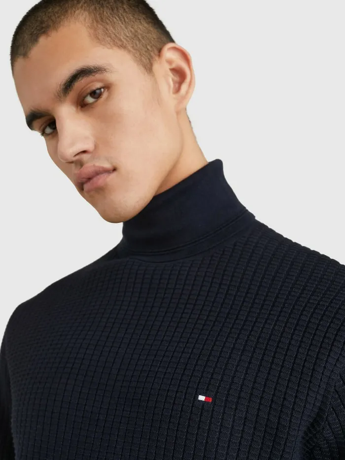 Tommy Hilfiger Grid Check Roll Neck Jumper Desert Sky Mens Knitwear Fashion