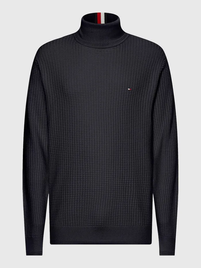 Tommy Hilfiger Grid Check Roll Neck Jumper Desert Sky Mens Knitwear Fashion