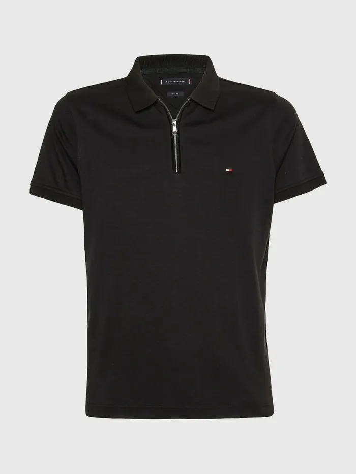 Tommy Hilfiger HalfZip Interlock Slim Fit Polo Black Mens Polo Shirts Cheap On Sale