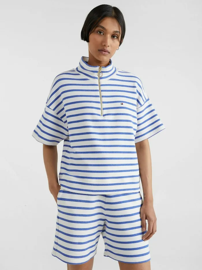 Tommy Hilfiger HalfZip Relaxed Short Sleeve Sweatshirt Breton StpWhite Verona Blue Womens Sweatshirts and Hoodies Sale Tommy Hilfiger HalfZip Relaxed Short Sleeve Sweatshirt Breton StpWhite Verona Blue Womens Sweatshirts and Hoodies Sale