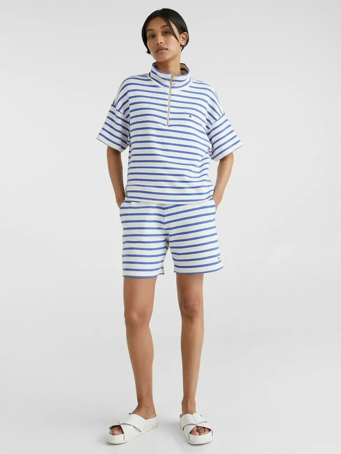 Tommy Hilfiger HalfZip Relaxed Short Sleeve Sweatshirt Breton StpWhite Verona Blue Womens Sweatshirts and Hoodies Sale