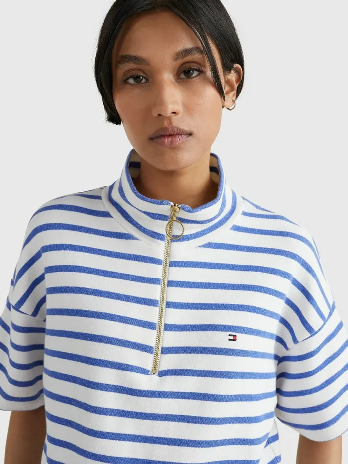 Tommy Hilfiger HalfZip Relaxed Short Sleeve Sweatshirt Breton StpWhite Verona Blue Womens Sweatshirts and Hoodies Sale