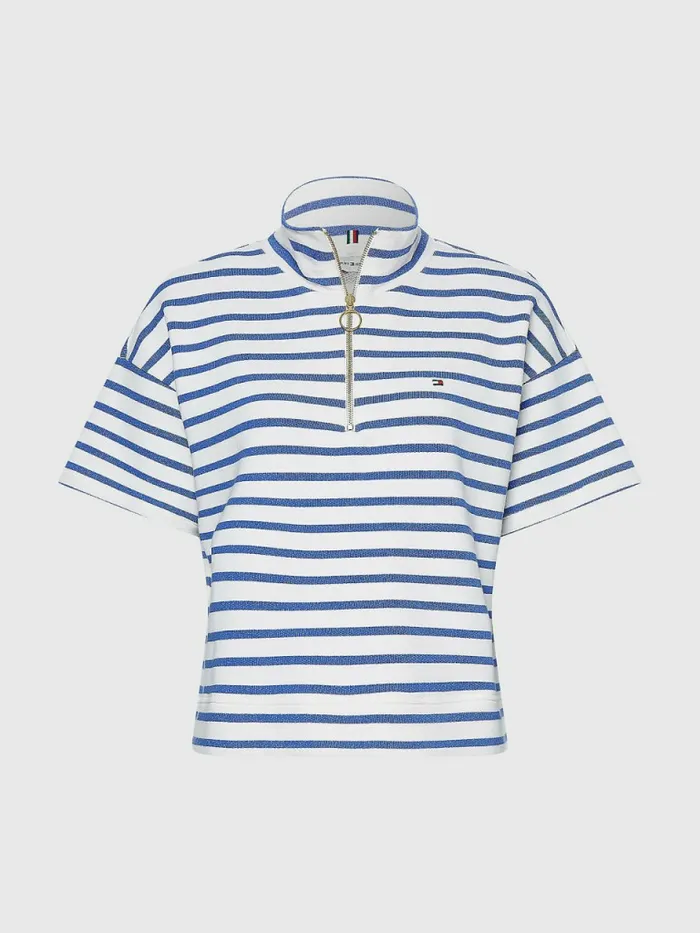 Tommy Hilfiger HalfZip Relaxed Short Sleeve Sweatshirt Breton StpWhite Verona Blue Womens Sweatshirts and Hoodies Sale