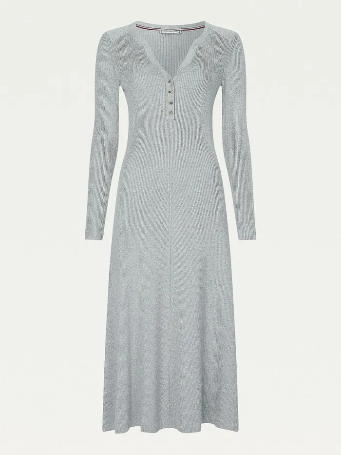 Tommy Hilfiger Henley Fit And Flare Midi Dress Light Grey Heather Womens Dresses and Jumpsuits Sale