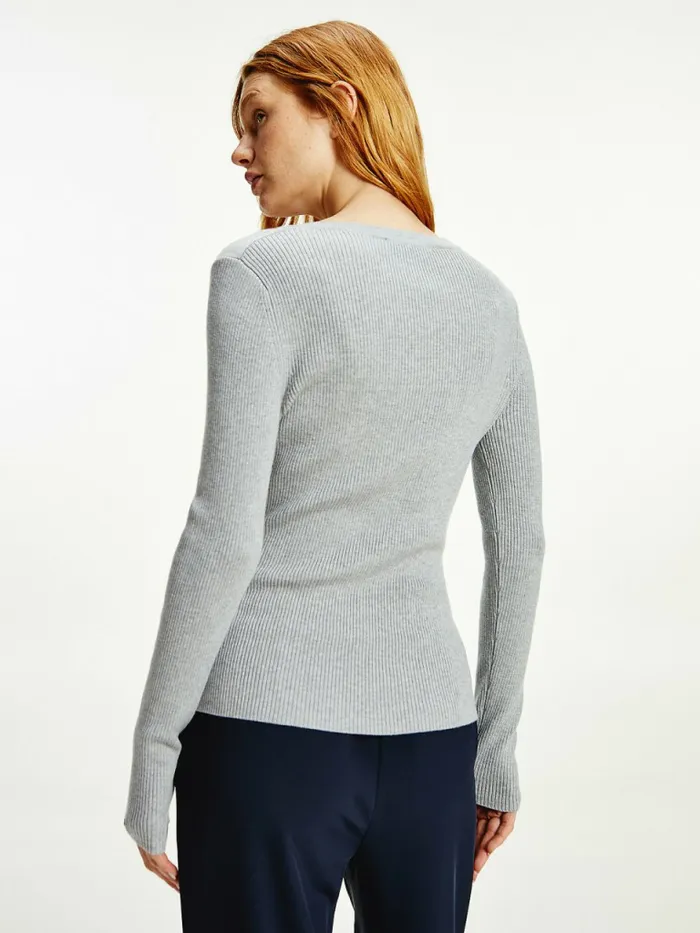 Tommy Hilfiger Henley Ribbed Wool Blend Jumper Light Grey Heather Womens Knitwear Gift for Friend