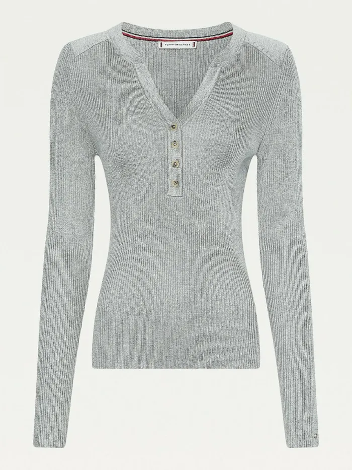 Tommy Hilfiger Henley Ribbed Wool Blend Jumper Light Grey Heather Womens Knitwear Gift for Friend