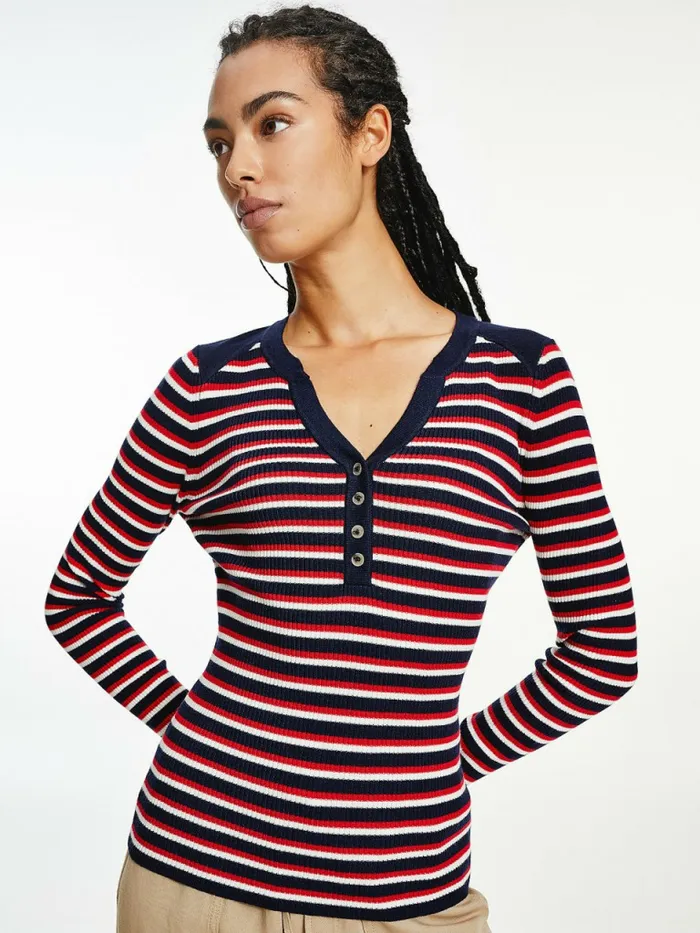 Tommy Hilfiger Henley Ribbed Wool Blend Jumper Primary RedWhiteDesert Sky Womens Knitwear Gift Ideas Tommy Hilfiger Henley Ribbed Wool Blend Jumper Primary RedWhiteDesert Sky Womens Knitwear Gift Ideas