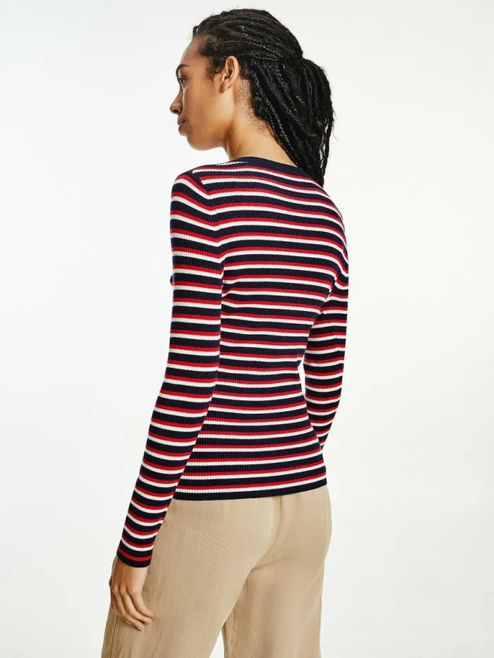 Tommy Hilfiger Henley Ribbed Wool Blend Jumper Primary RedWhiteDesert Sky Womens Knitwear Gift Ideas