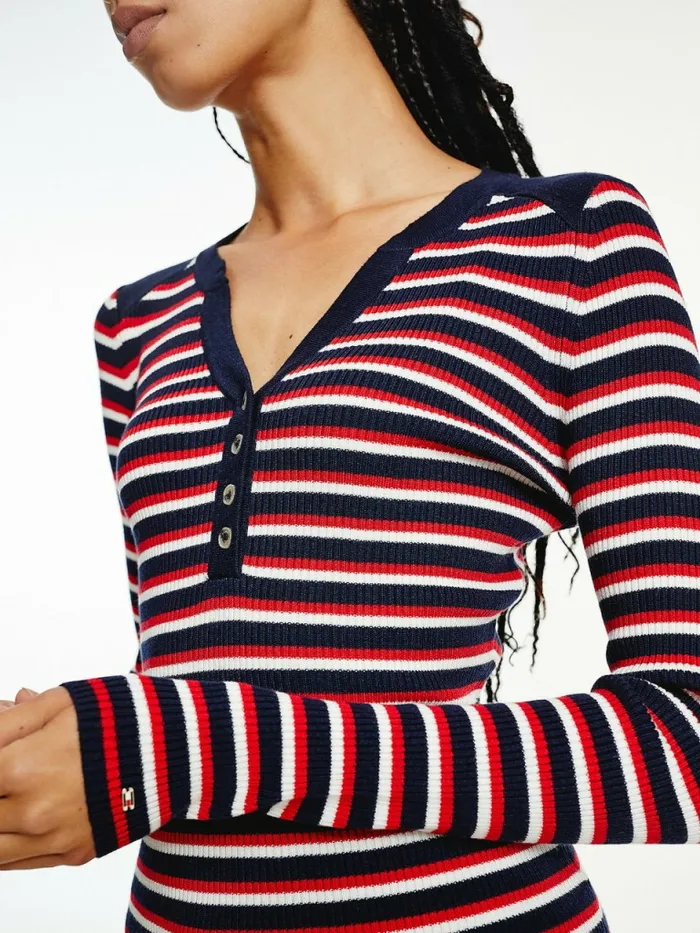 Tommy Hilfiger Henley Ribbed Wool Blend Jumper Primary RedWhiteDesert Sky Womens Knitwear Gift Ideas