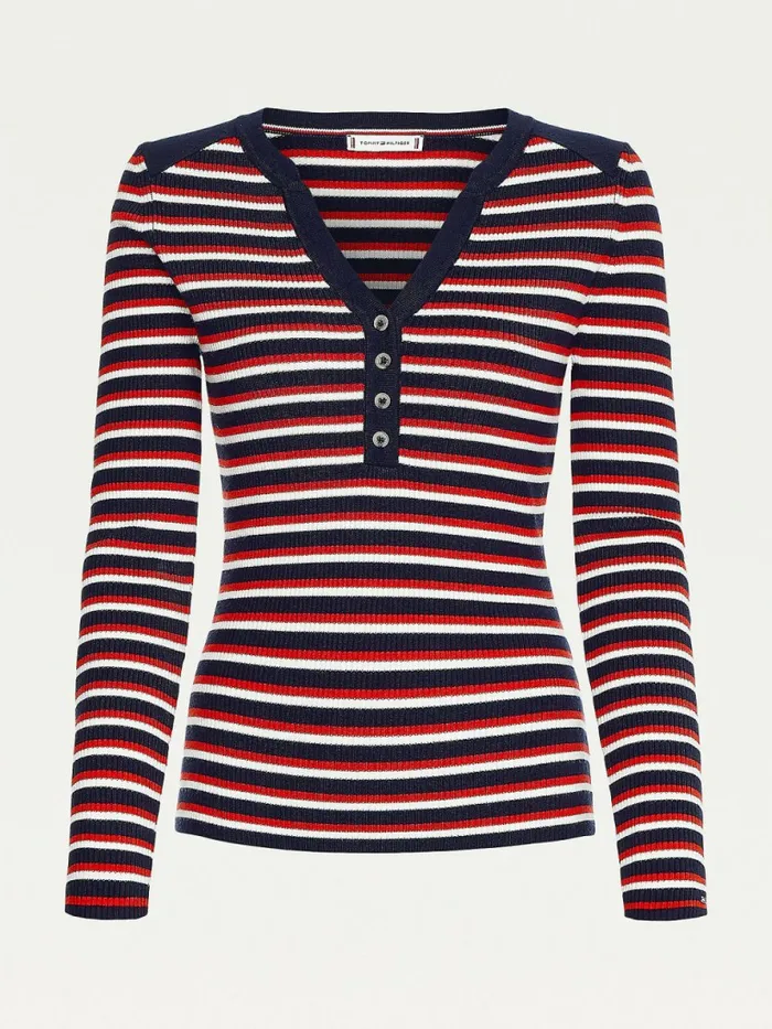 Tommy Hilfiger Henley Ribbed Wool Blend Jumper Primary RedWhiteDesert Sky Womens Knitwear Gift Ideas