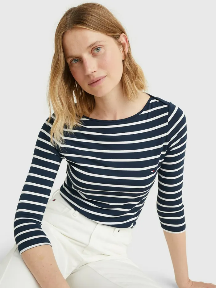 Tommy Hilfiger Heritage Boat Neck TShirt MidnightClassic White Womens Essentials