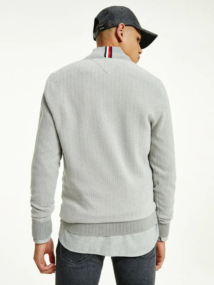 Tommy Hilfiger Herringbone Knit HalfZip Jumper Iron GreyLight Cast Mens Knitwear Gift 4 You