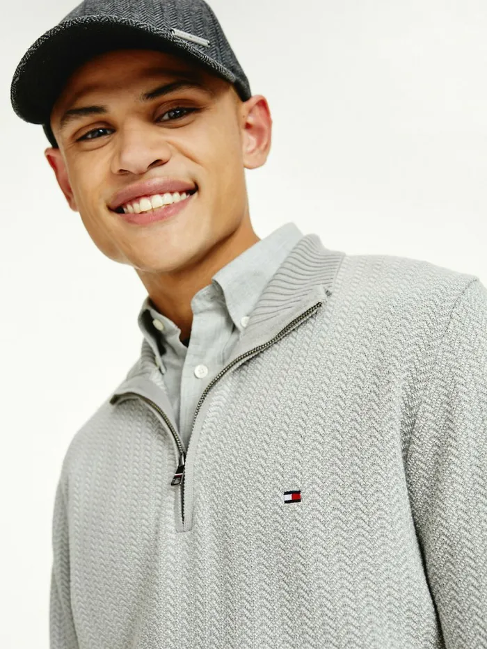 Tommy Hilfiger Herringbone Knit HalfZip Jumper Iron GreyLight Cast Mens Knitwear Gift 4 You