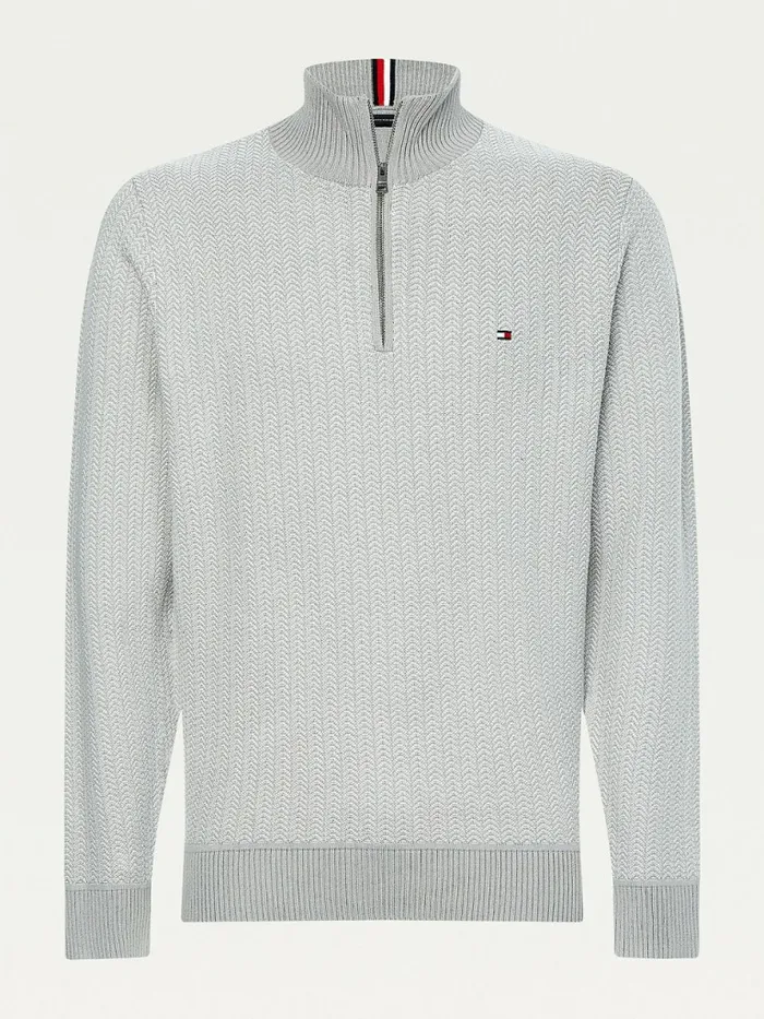 Tommy Hilfiger Herringbone Knit HalfZip Jumper Iron GreyLight Cast Mens Knitwear Gift 4 You