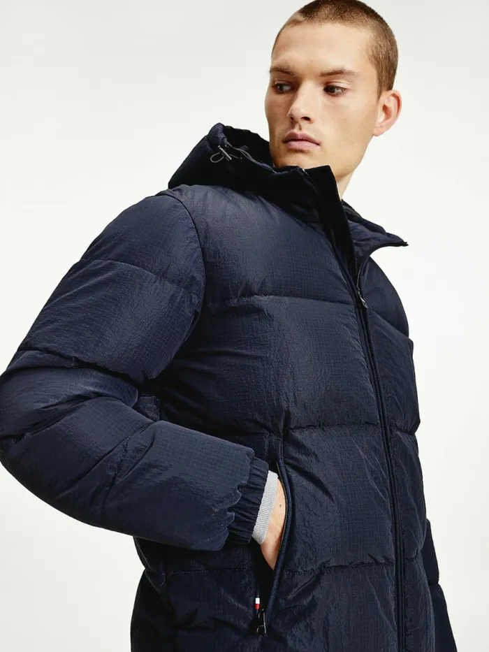 Tommy Hilfiger High Loft Removable Hood Puffer Jacket Desert Sky Mens Coats and Jackets Cheap On Sale